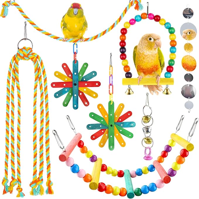 8 pcs Bird Toys for Parakeets with Colorful Ladder Hammock Bird Cage Accessories Bird Perch Stand Chewing Toys Hanging Bell Parrot-PawvioPets