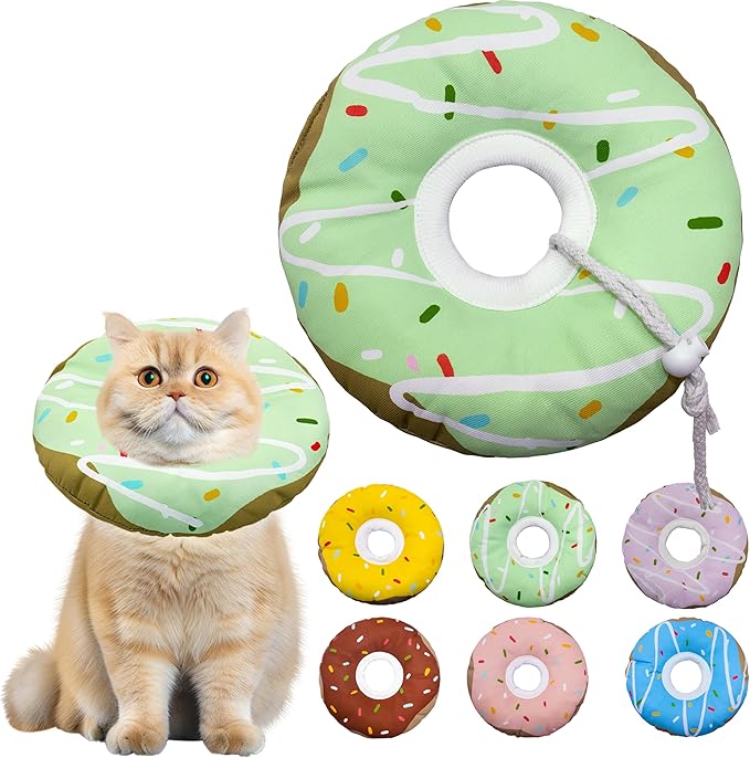 Cat Cone Collar Soft, Adjustable Cat Recovery Collar Kitten Cones to Stop Licking, Cute Donut E Collar After Surgery, Cats Neck Pillow Cone Elizabethan Cones of Shame (Waterproof Green, Medium)-PawvioPets