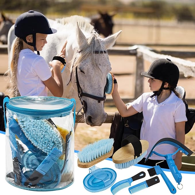 9 Pieces Horse Grooming Kit Tack Room Supplies Set with Organizer Tote Bag, Oval Massage Curry, Hard and Soft Brush, Hoof Pick, Sweat Scraper, Bathing Sponge, Combs for Horse Riders Beginners (Blue)-PawvioPets