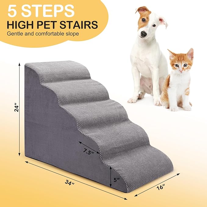 Dog Stairs for Bed and Couch, Non-Slip 5-Step Pet Stairs, 24" High Sofa Foam Dog Ramp - Best for Small Pets, Dogs and Cats with Joint Pain-PawvioPets