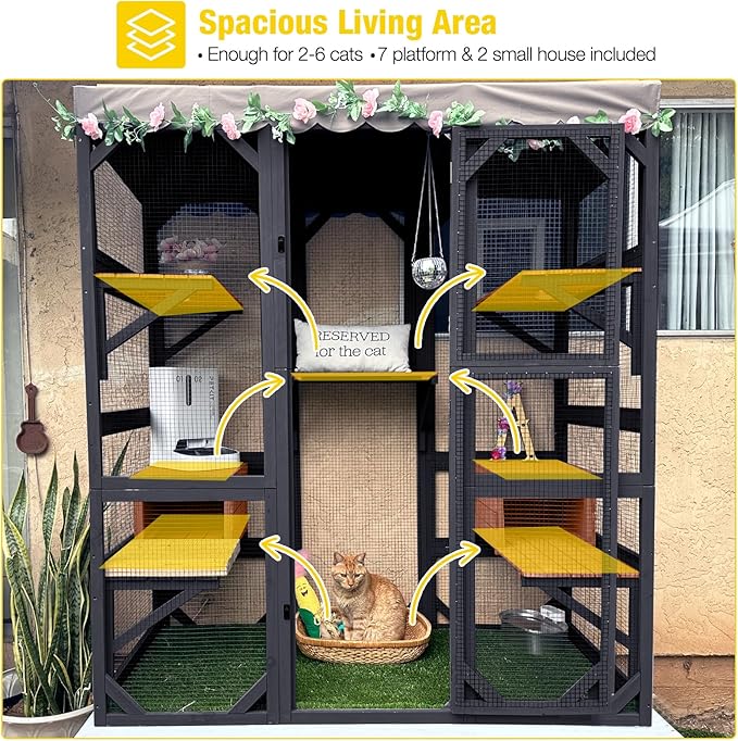 Aivituvin Catio Outdoor Cat Enclosure Large Cat House for Mulitiple Cats Walk in Kitty Cage with Tarp Roof 70" Black-PawvioPets