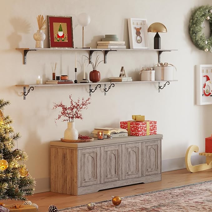 DINZI LVJ Shoe Bench, Entryway Storage Bench with Doors, Cushion, 2-Tier Shoe Rack with 8-Cubby, 47.2”L x 13.8”W Shoe Organizer Cabinet, Adjustable Shelf, Living Room, Bedroom, Greige-PawvioPets