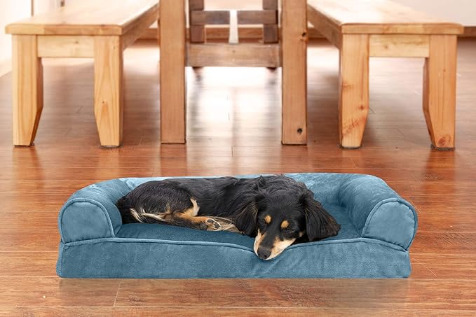 Furhaven Pillow Dog Bed for Medium/Small Dogs w/ Removable Bolsters & Washable Cover - Faux Fur & Velvet Sofa - Harbor Blue, Medium-PawvioPets