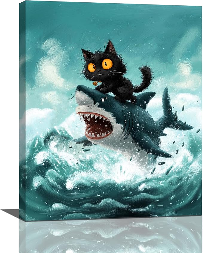 Funny Black Cat Bathroom Wall Art Cute Cat Riding Shark Canvas Wall Decor Animal Kitten Pictures Painting Print Artwork Framed Decorations Gifts for Cat Lover Kids Room Bedroom 16"x20"-PawvioPets