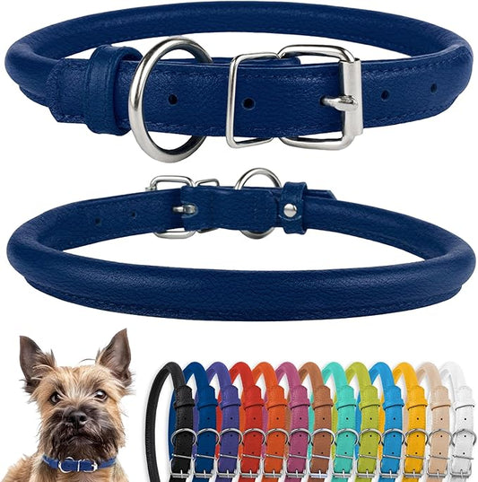 CollarDirect Rolled Leather Dog Collar, Soft Padded Round Puppy Collar, Handmade Genuine Leather Collar Dog Small Large Cat Collars 13 Colors (6-7 Inch, Deep Blue Textured)-PawvioPets
