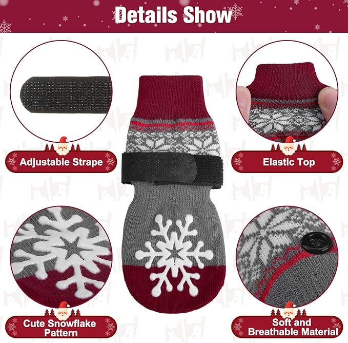 BEAUTYZOO Christmas Winter Anti-Slip Dog Socks with Grips Traction Control for Small Medium Large Dogs, Non Skid Indoor Double Side Pet Paw Protector for Hardwood Floor Wear, Snowflake M-PawvioPets