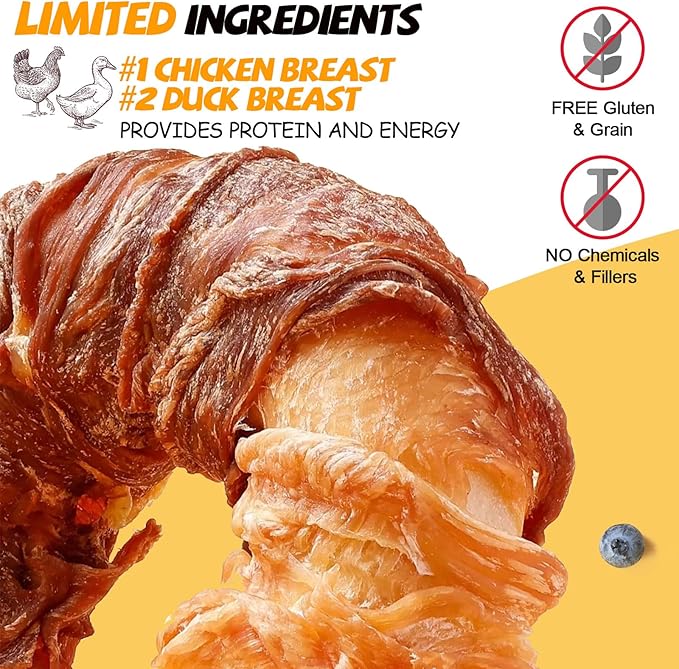 ASMPET Dog Treats Chews, Chicken & Duck Wrapped Rawhide Donuts Dental Care Chews for Small Medium Large Breed Aggressive Chewers (Pack of 4)-PawvioPets