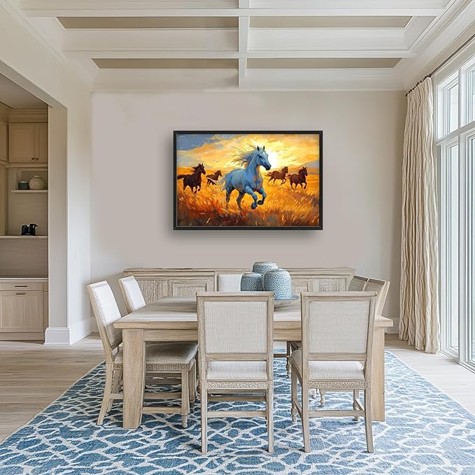 Framed Large Horse Wall Art for Living Room, Oversized Running Horses Wall Decor, Sunset Field Landscape Canvas Painting Home Decoration for Living Room Bedroom Dining Room Office 36"x24"-PawvioPets