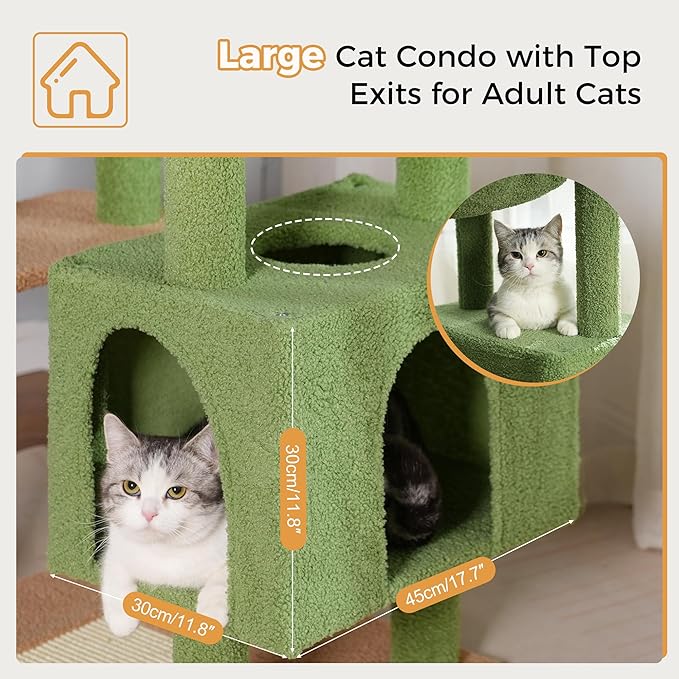 72” Cat Tree for Large Cats Big Cat Tower with Enlarged Hammock 21.6x17.7” Spacious Cats Condo House and Roomy Top Bed and Multiple Scratch Posts for Indoor Adult Cats (Green, XLarge-72)-PawvioPets