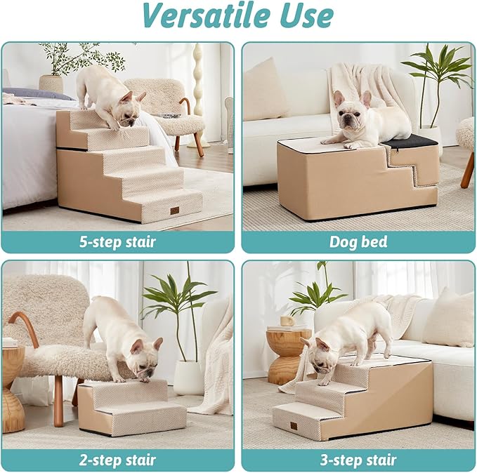 Dog Stairs for Small Dogs, 5 Tier Removable Wider Pet Stairs for Couch and Bed, 23.6" H Non-Slip Dog Steps for Puppies and Old Cats with Support Board, 29.5x19.7x23.6 inch, Beige-PawvioPets