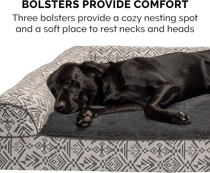 Furhaven Orthopedic Dog Bed for Large Dogs w/ Removable Bolsters & Washable Cover, For Dogs Up to 95 lbs - Plush & Southwest Kilim Woven Decor Sofa - Boulder Gray, Jumbo/XL-PawvioPets