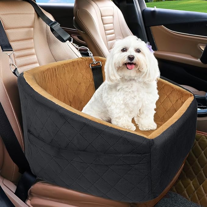 Dog Car Seat for Small Medium Dogs,Detachable Washable Dog Booster Seat Under 30lbs, Pet Car Seat Travel Bed with Storage Pockets and Dog Safety Belt(Black/Brown)-PawvioPets