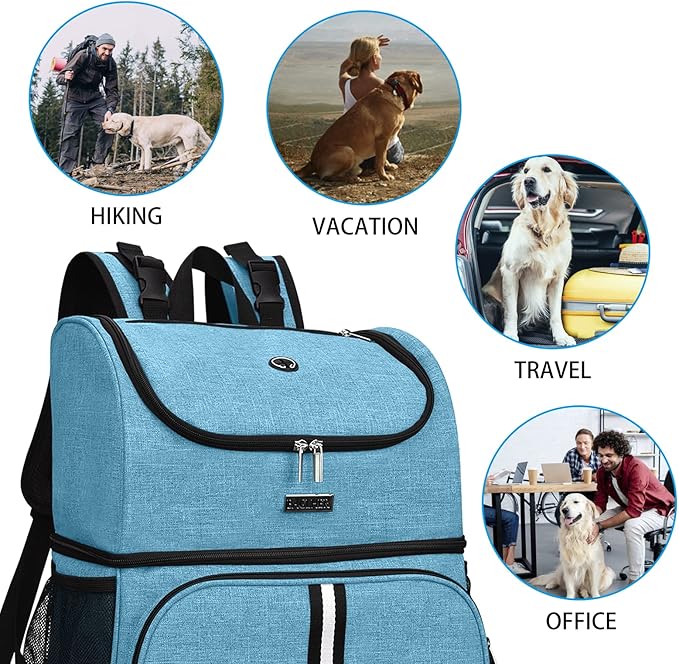 BAGLHER Pet Travel Bag, Double-Layer Pet Supplies Backpack (for All Pet Travel Supplies), Pet Travel Backpack with 2 Silicone Collapsible Bowls and 2 Food Baskets Sky Blue-PawvioPets