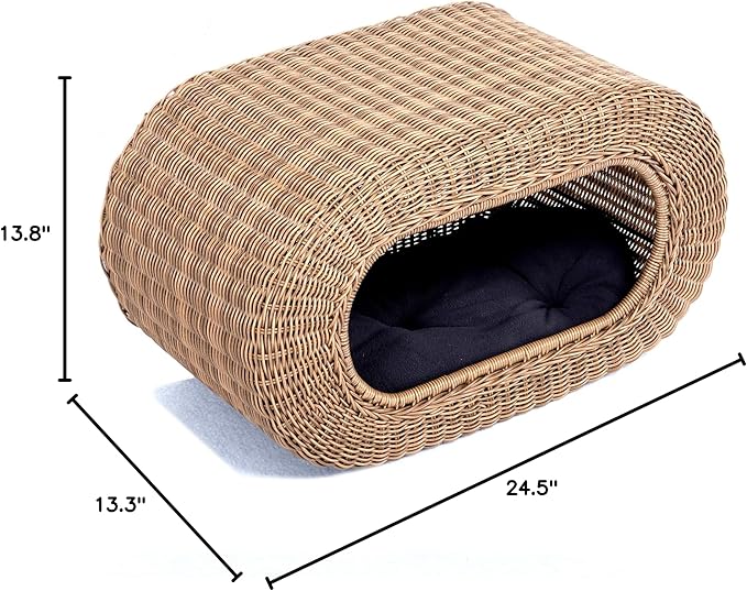 Fun Stackable Wicker Cat Hideaway House - Interactive Play Rattan Cat House for Indoor Cats Kitty, Pet Friendly Top/Side House Entry, Cat Bed Enclosed-PawvioPets
