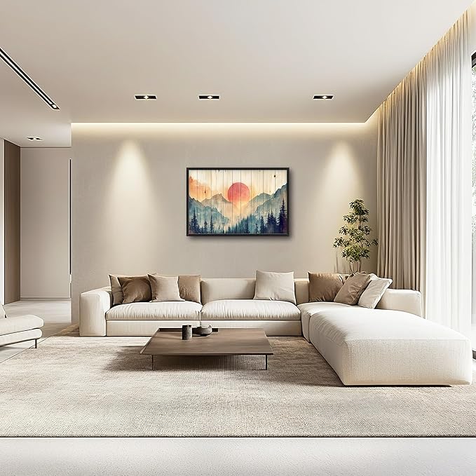 Framed Large Cabin Mountain Wall Art for Living Room, Oversized Rustic Forest Wall Decor, Rustic Nature Landscape Canvas Painting Sunset Pictures Home Decoration for Bedroom Office 36"x24"-PawvioPets