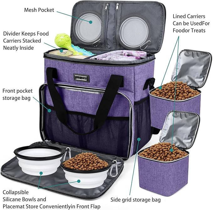 BAGLHER Dog Travel Bag, Pet Travel Bag (ALL Pet Travel Supplies), With 2 Pet Food Containers and 2 Collapsible Silicone Bowls; Essential Kits for Pet Travel Purple-PawvioPets