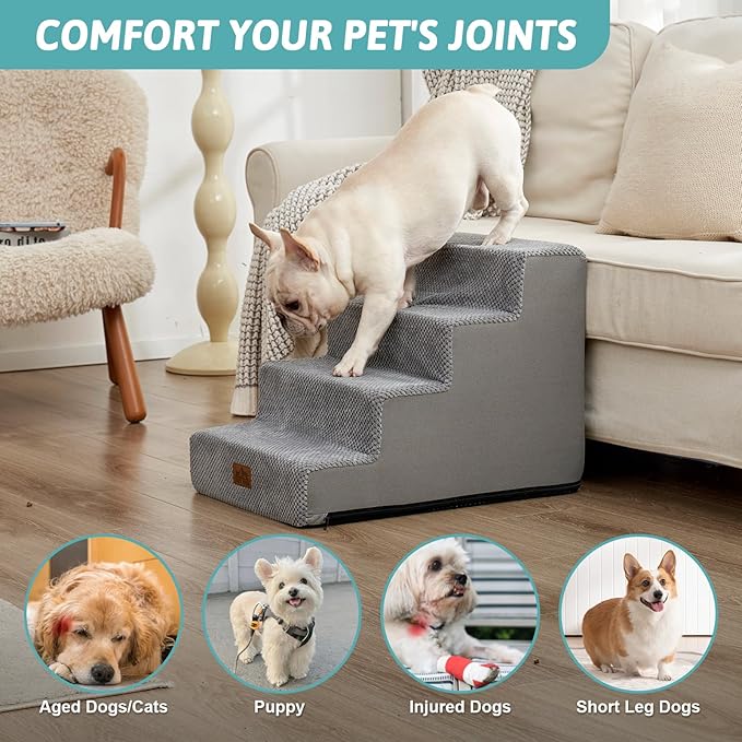 Dog Stairs for Small Dogs, 4 Tier Wider Pet Stairs for Couch and Beds, 17.7" H Non-Slip Dog Steps for Old Cats, Puppy, Small Medium Dogs, 17.7x23.6x17.7 inch, Grey-PawvioPets
