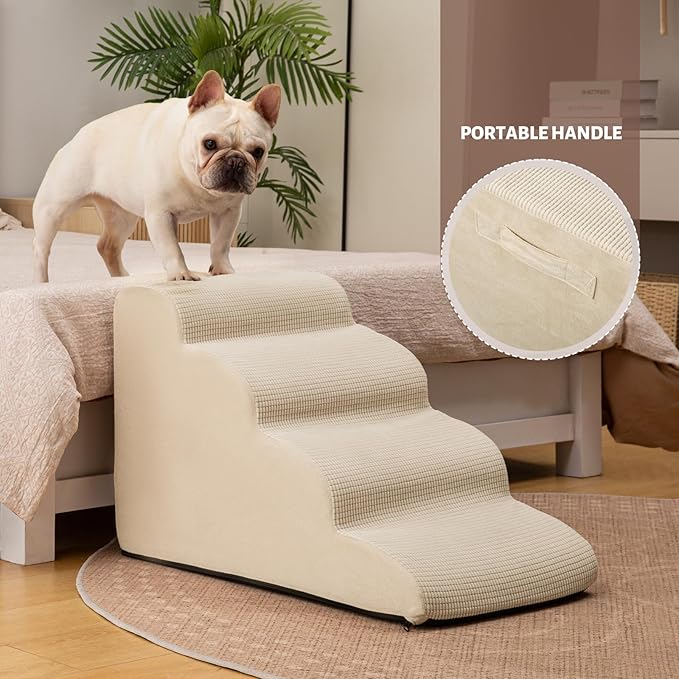 4-Step Dog Stairs and Ramp for Beds or Couches,Non-Slip Sturdy Pet Steps for Small Dogs and Cats,17.4" H,Beige-PawvioPets