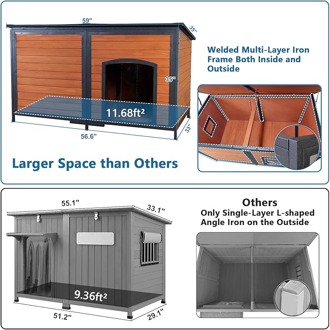 Extra Large Dog House Outdoor Weatherproof 59.1" Outside Wooden Dog Kennel, Chewproof Strong Iron Frame Window-PawvioPets