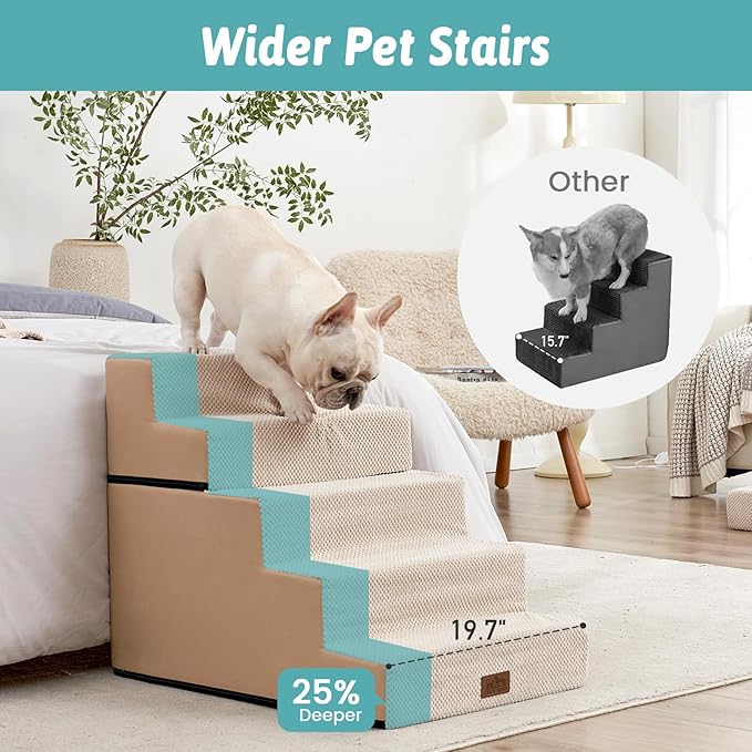 Dog Stairs for Small Dogs, 5 Tier Removable Wider Pet Stairs for Couch and Bed, 23.6" H Non-Slip Dog Steps for Puppies and Old Cats with Support Board, 29.5x19.7x23.6 inch, Beige-PawvioPets