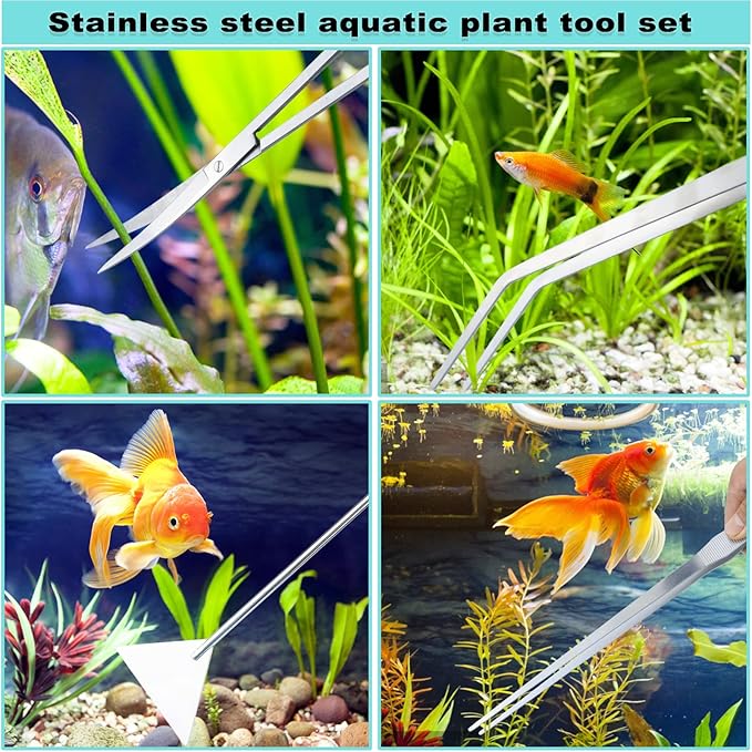 Aquarium Aquascape Tools Kit, Long 15 Inch Stainless Steel Aquatic Plants Tools, 4 in 1 Anti-Rust Aquascaping Tweezers Scissors Spatula Scrapers Tool Set for Fish Tank Cleaning Plant Trimming Shears-PawvioPets