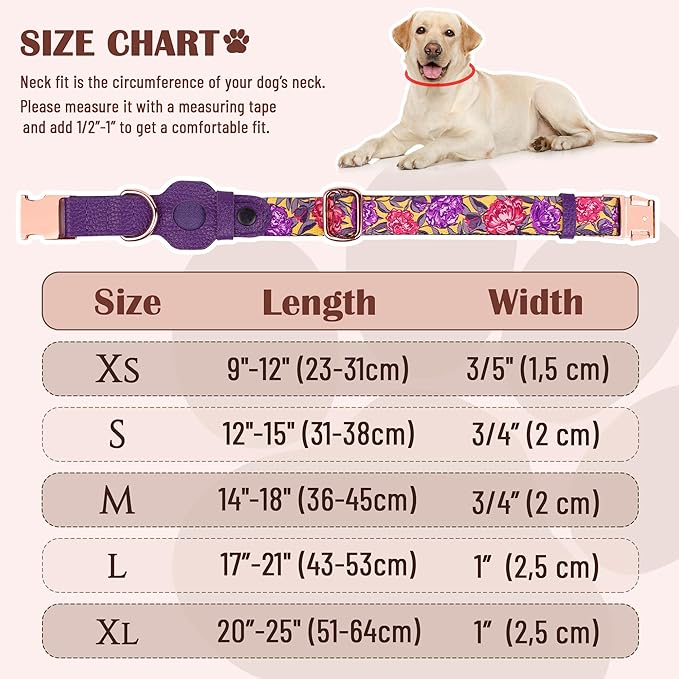 AirTag Dog Collar for Small Medium Large Breed - Adjustable Cute Pattern Dog Collar with Airtag Holder - Soft Leather Tracker GPS Apple Air Tag Pet Collars (X-Small, 9"-12" Neck Fit, Peonies)-PawvioPets