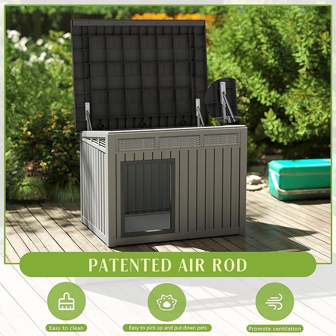 Dog House Indoor Outdoor,Resin Waterproof Puppy Shelter with Air Vents and Elevated Floor,Air Rod on Top to Open,Dog Kennel for Small to Large Dogs(Grey,42.87 * 32.95 * 31.61)-PawvioPets