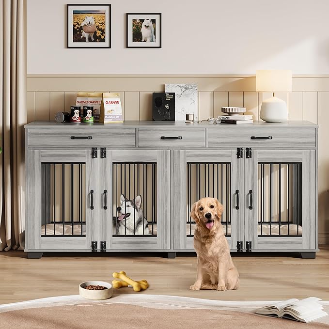 71 Inch Dog Crate Furniture for 2 Rooms, Wooden Double Crate Large Breed with Door, Dog Kennel Indoor, TV Stand End Table with Divider for Large Medium Dogs,Grey-PawvioPets