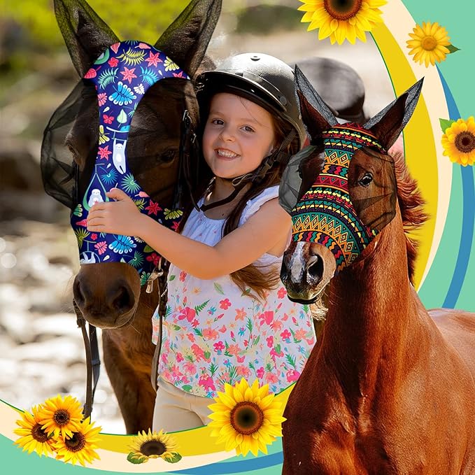 Frienda 4 Pieces Horse Fly Masks with Ears Face Covering UV Protection from Insect Pests Elasticity Smooth Comfortable Mesh Horse Mask Accessories(Geometric,Medium)-PawvioPets