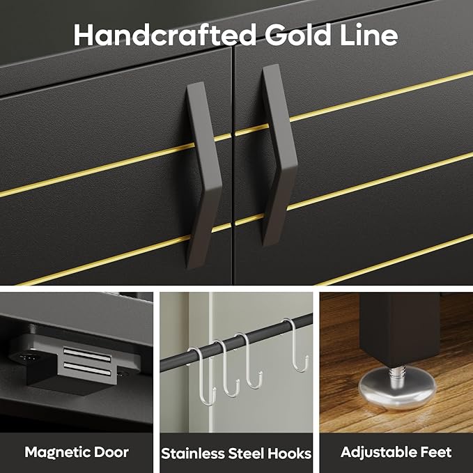 Bestier 20-29 Gallon Fish Tank Stand with Power Outlets, Metal Long Aquarium Stand with Storage Cabinet, 31x15 Reptile Terrarium Stand with Horizontal Gold Line, Stainless Hooks, 350 Lbs(Black)-PawvioPets