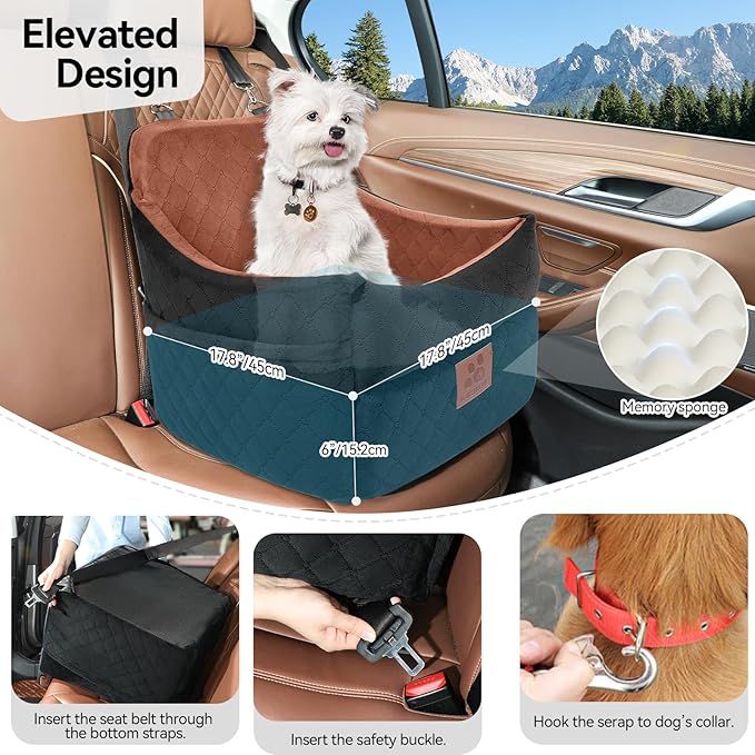 Dog Car Seat for Small/Medium Dogs, Dog Booster Car Seats with Thick Cushion for Dogs Under 35lbs, Detachable Washable Pet Car Seat with Storage Pockets, 2 Safety Belts(Black/Brown)-PawvioPets