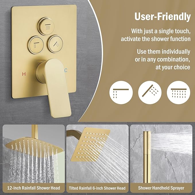 12 Inch Rain Shower System, Brushed Gold Shower Faucet Set with Push Button Diverter, 6 Inch Wall Mounted 3-Functions Bathroom Shower Systems with Dual-Function Handheld-PawvioPets