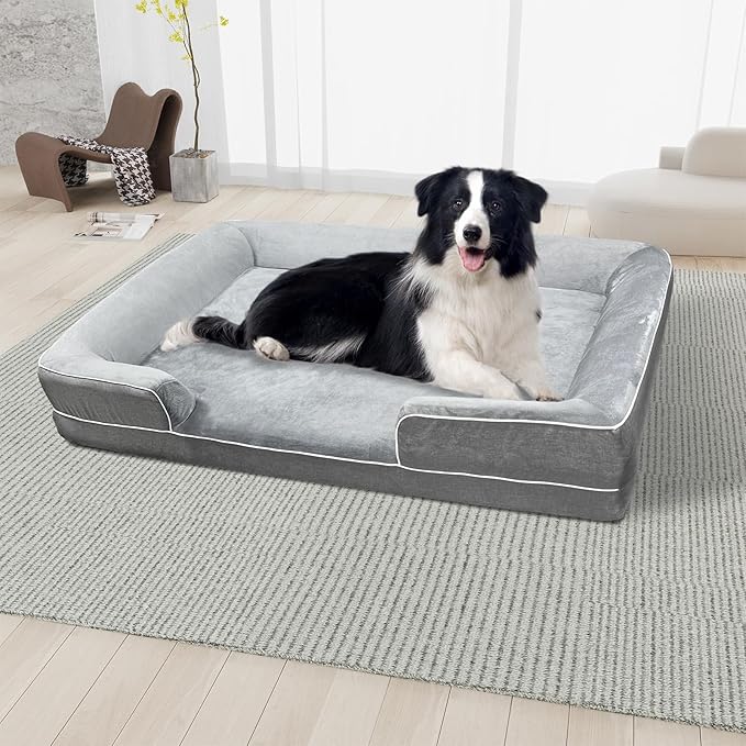 Dog Beds for Large Sized Dogs,Washable Orthopedic Memory Foam Dog Couch Sofa Bed with Bolster,Removable Cover,42x30Inch,Grey-PawvioPets