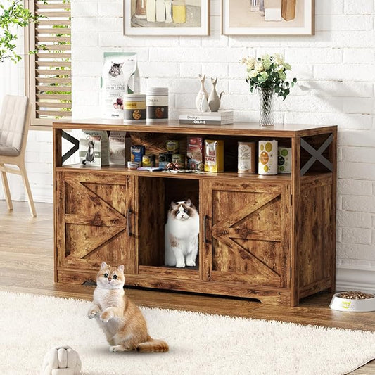Cat Litter Box Enclosure for 2 Cats, 47" Double Hidden Litter Box Furniture with Scratch Pad, Farmhouse Indoor Litter Box Cabinet Cat Washroom, Rustic Brown-PawvioPets