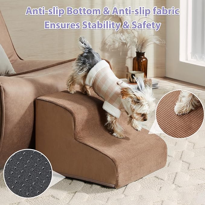 Dog Stairs for Small Dogs, 3-Steps Dog Ramp for Bed and Couch, Pet Stairs with Highly Supportive Foam and Non-Slip Bottom, Pet Steps for Cat & Doggie (High 15.7 Inch)-PawvioPets