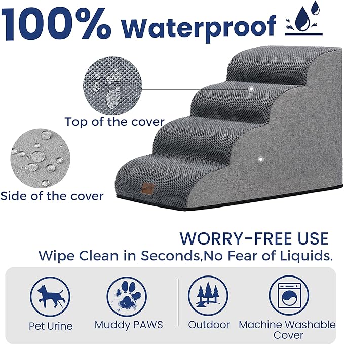 GoGoBunny Waterproof High Density Foam Curved Dog Stairs for High Beds Couches 19.7" H, 4-Step Ramp Dog Steps Friendly to Small Medium Dogs or Pets Joints, Non-Slip Balanced Durable Pet Step, Grey-PawvioPets