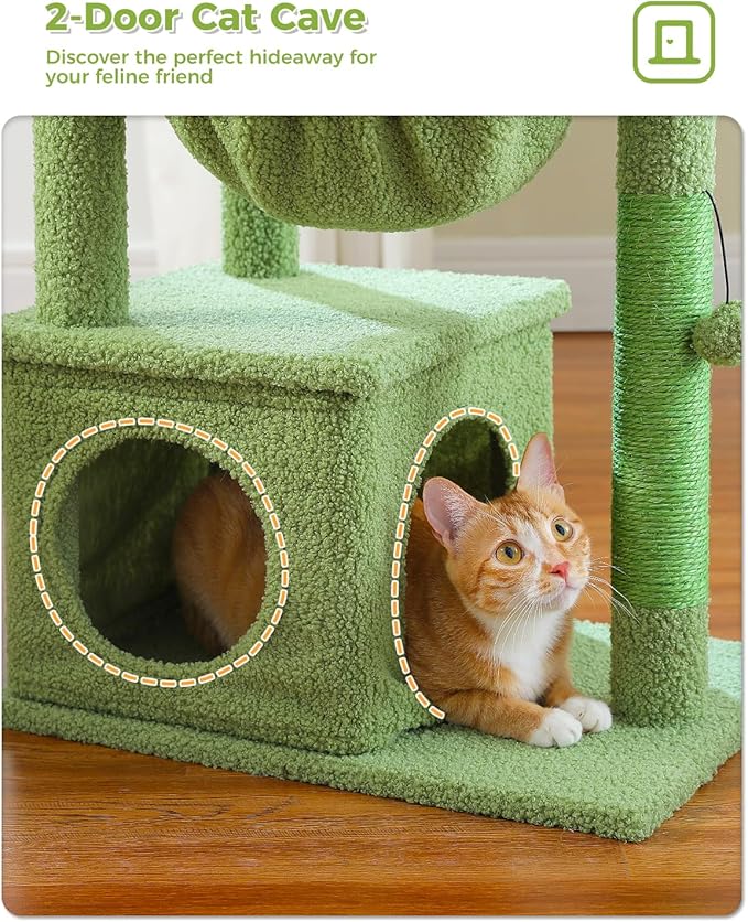 Cactus Cat Tree, 47.6" Cat Tower with 2 Metal Frame Hammock, Cat Scratching Post for Indoor Cats with 2 Removable Pompom Sticks for Kittens, Green-PawvioPets