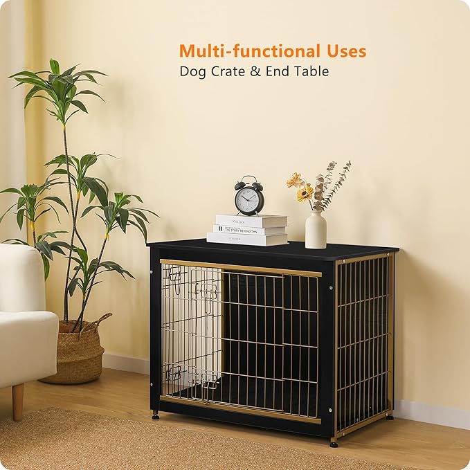 DWANTON Dog Crate Furniture with Cushion, Wooden Kennel Table with Double Doors, Indoor Dog House, Medium Size, 32.5" L, Black+Gold-PawvioPets