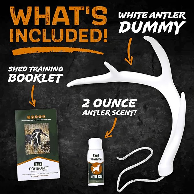 DogBone Shed Hunting Dog Training Kit – Train Your Puppy to Find Deer Antlers - Includes 2 oz Scent for Nosework & Flexible Floating Dummy for Retrieving - Perfect for Whitetail Hunters-PawvioPets