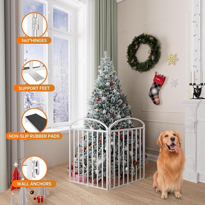 2 Panles Full Matel Freestanding Dog Gates with Door, 48"Extra Wide 32"Tall Free Standing Dog Pet Gate for Indoor & Outdoor. Foldable Pet Fences for Doorways, House, Stairs, Porch, Deck, Yard-PawvioPets