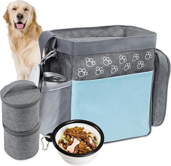 Dog Travel Bag with Treat Pouch, Airline Approved Dog Bags for Traveling, 2 Dog Food Travel Container, 2 Travel Bowls, Weekend Dog Travel Bag for Supplies, Dog Travel Kit Accessories-PawvioPets