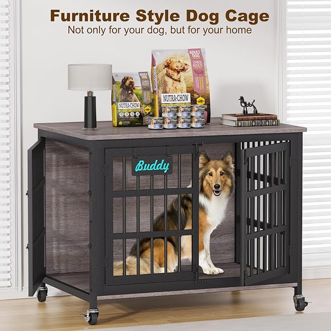 EasyCom 41"/33"/27" Dog Crate Furniture with Name Tag, Heavy Duty Dog Kennel Indoor for Medium Dogs, Double-Doors Sturdy Metal Dog Cage for Anxiety Dog, Decorate House as TV Stand, End Table-PawvioPets