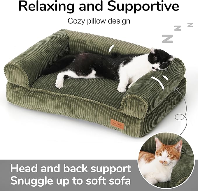 FUKUMARU Dog Couch Bed, Corduroy Cozy Cat Bed for Indoor Cats with Washable Cover, Supportive Waterproof Dog Beds Sofa for Small Dogs and Large Cats Cute, 28inch, Medium, Green-PawvioPets