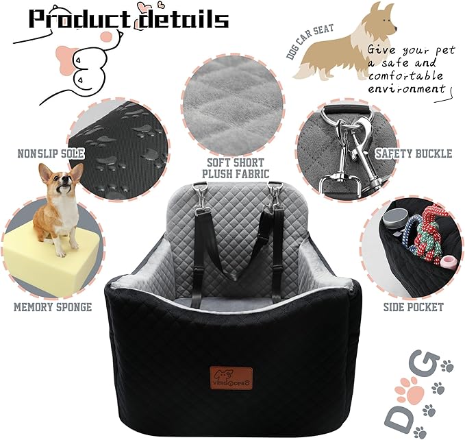 Dog Car Seat for Small Medium Dogs-Safety and Comfy Pet Booster Carseats with 2 Clip-On Satebelt & Storage Pockets,Washable and Detachable Puppy Car Seat for Dogs up to 30 lbs.(H-Black/Grey)-PawvioPets