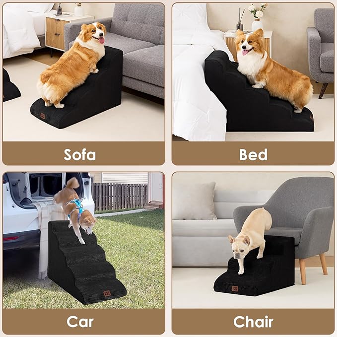 EHEYCIGA Curved Dog Stairs Ramp for High Beds 22.6" H, 5-Step Dog Steps for Small Dogs and Cats, Pet Stairs for High Bed Climbing, Non-Slip Balanced Pet Step Indoor, Black-PawvioPets