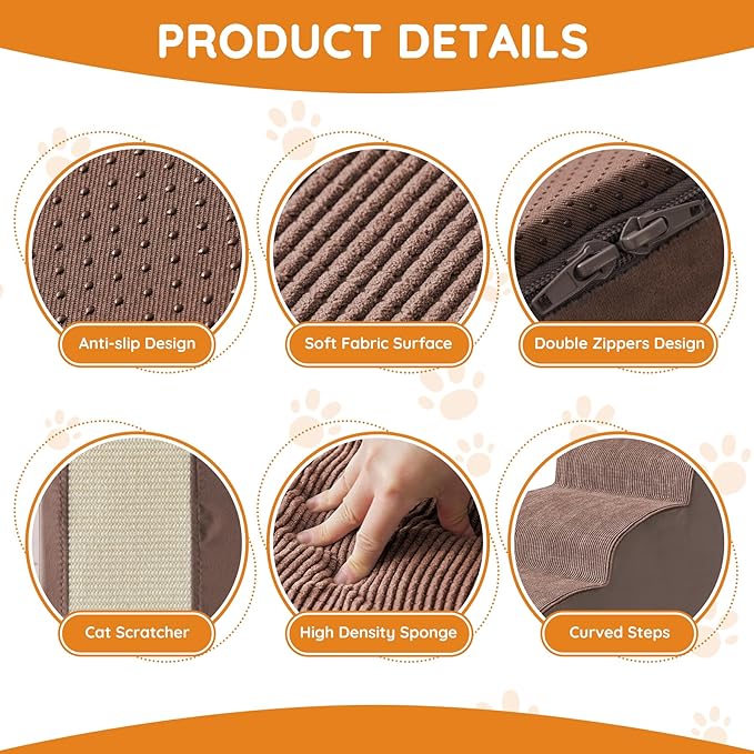 Dogs Steps for Bed, Dog Stairs for Small Dogs, 4-Step Dog Ramp for Bed, Couch, Sofa, and Chairs, Non-Slip Bottom Design, Cat Scratching, High Density Foam Portable Pet Step, Indoor, Coffee-PawvioPets