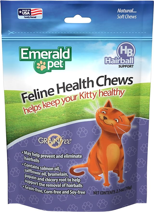 Emerald Pet Feline Health Chews Hairball Support — Natural Grain Free Feline Hairball Control Chews — Hairball Control Cat Supplements for Hairball Prevention and Elimination — Made in USA, 2.5 oz-PawvioPets