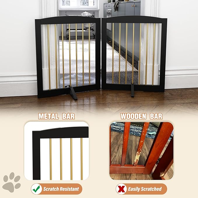 Freestanding Pet Gate for Dogs, Foldable Wooden Dog Gate for House, Stairs, Doorways, Step Over Pet Puppy Safety Fence,Support Feet Included,24" Height 2 Panels, Black&Gold-PawvioPets