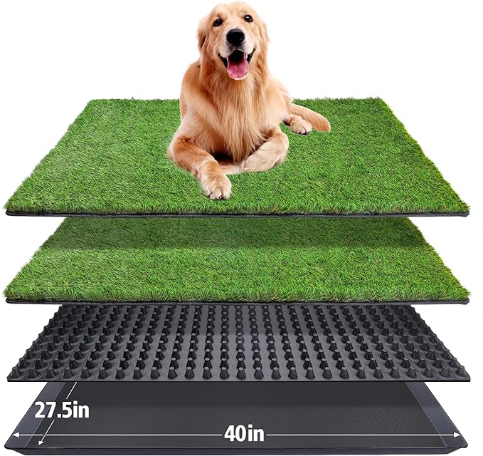 Dog Grass Pad with Tray(40×27.5 inch), Large XL Reusable 3-Layer Dog Pee Potty Grass Pads, Easy to Clean Artificial Fake Grass for Indoor Outdoor and Balcony (2 Pcs Grass Pad+Drainage Grate+Tray)-PawvioPets