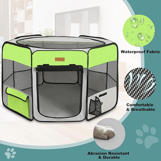 Dog Playpen, Portable Pet Play Pen for Cat, Puppies, Rabbits, Chickens, Foldable Large-Capacity Pet Tent for Indoor/Outdoor Travel Camping Green-PawvioPets